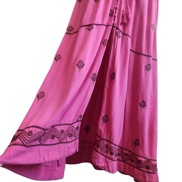Free People Boho Maxi Dress-Contrast Embroidery-Crinkle-Fuchsia-Puffy Sleeves-L - Picture 6 of 15